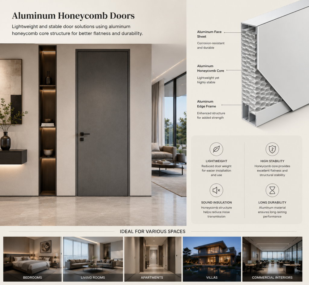 Lightweight and stable door solutions using aluminum honeycomb core structure for better flatness and durability.