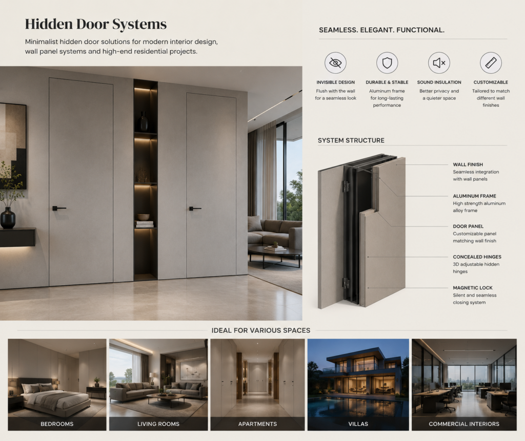 Minimalist hidden door solutions for modern interior design, wall panel systems and high-end residential projects.