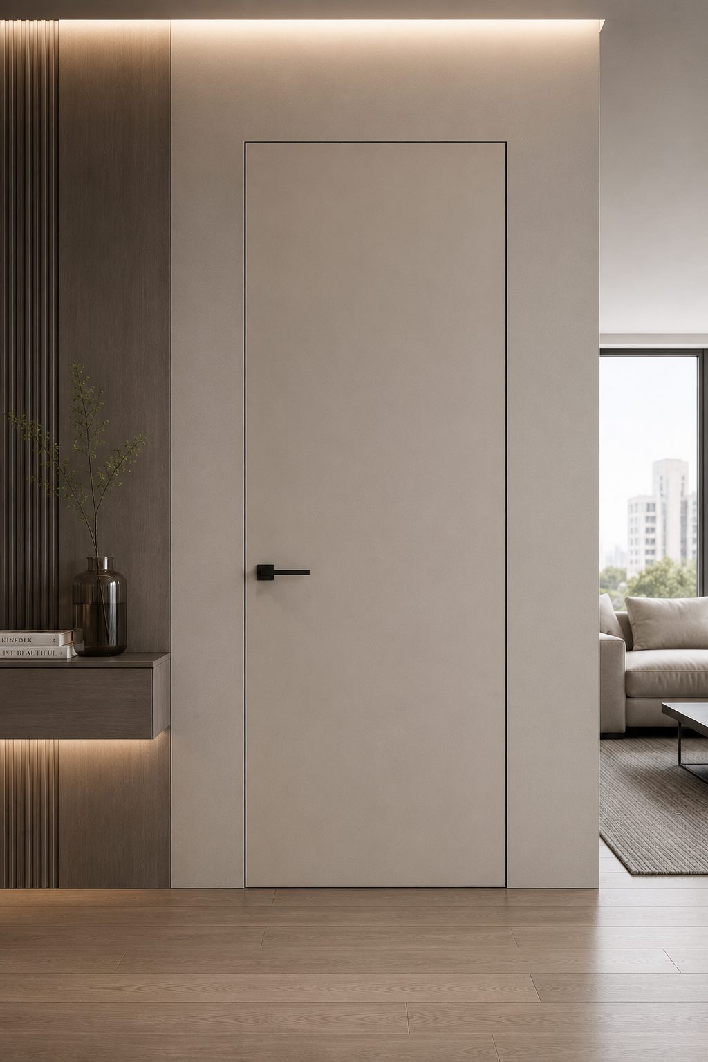 Modern apartment interior with aluminum door for residential use