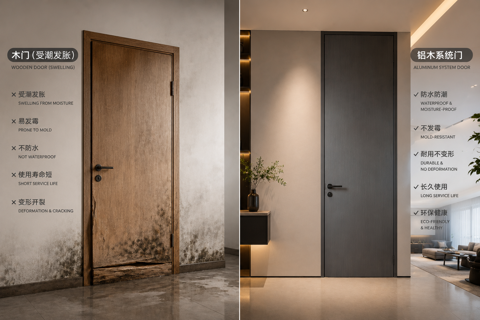 Wooden door moisture damage compared with waterproof aluminum door